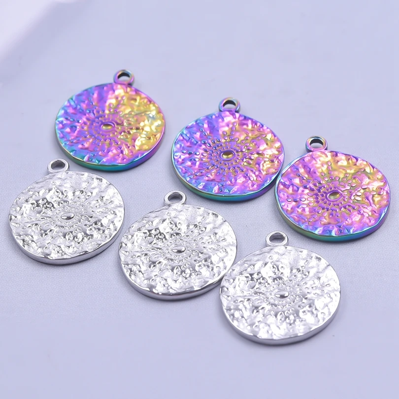 

1/2Pcs Hammered Sun Round Card Silver Color Rainbow Charms Disc Disk Plaque Coin Stainless Steel Pendant For Earring Making