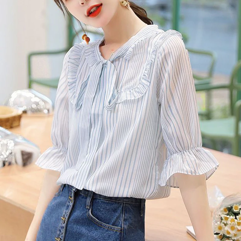 

Spring Summer Fashion Ruffle Bow Lace Up Chic Fairy Sweet Striped Shirts Casual Half Sleeve Chiffon Slim Tops Blouses for Women