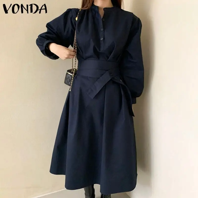 

Spring Autumn Long Sleeve Button Up Shirt Dress VONDA 2022 Casual Holiday Plain Tunic Dresses Ladies Retro Holiday Vestidos