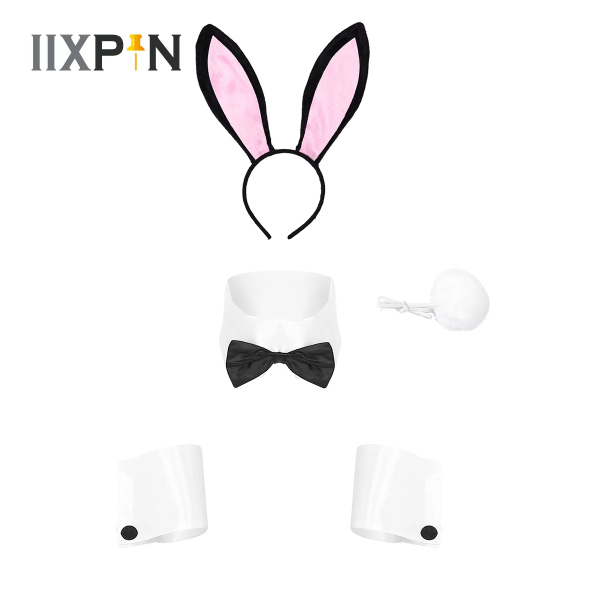 Bunny Costume Rabbit Ear Headband Collar Bow Tie Cuffs Tail Ball Easter Sexy Accessory Set for Halloween Xmas Cosplay Party