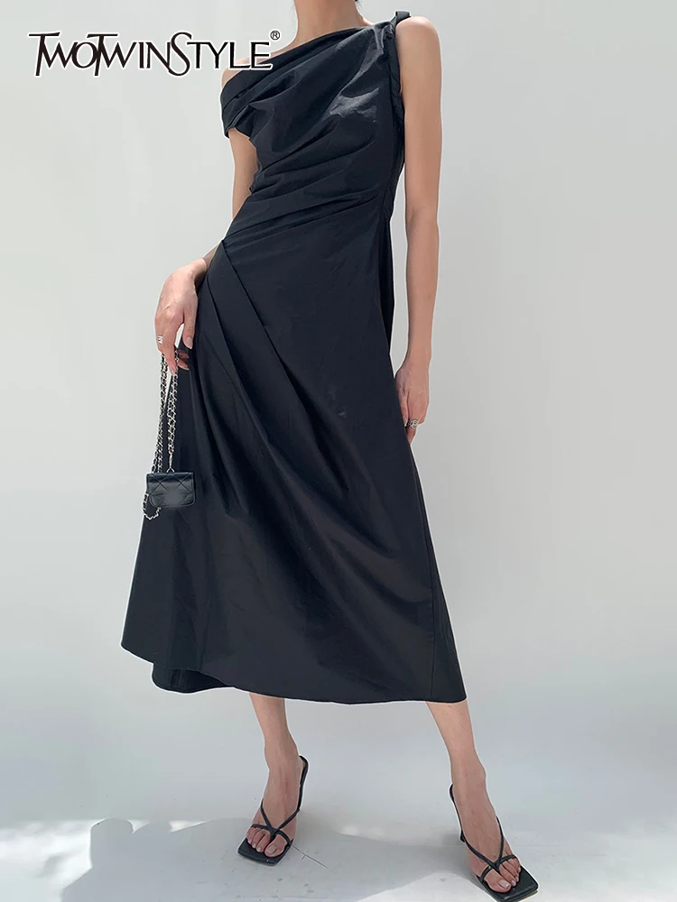 

TWOTWINSTYLE Solid Temperament Dresses For Women Diagonal Collar Sleeveless High Waist Spliced Folds Dress Female Fashion 2023