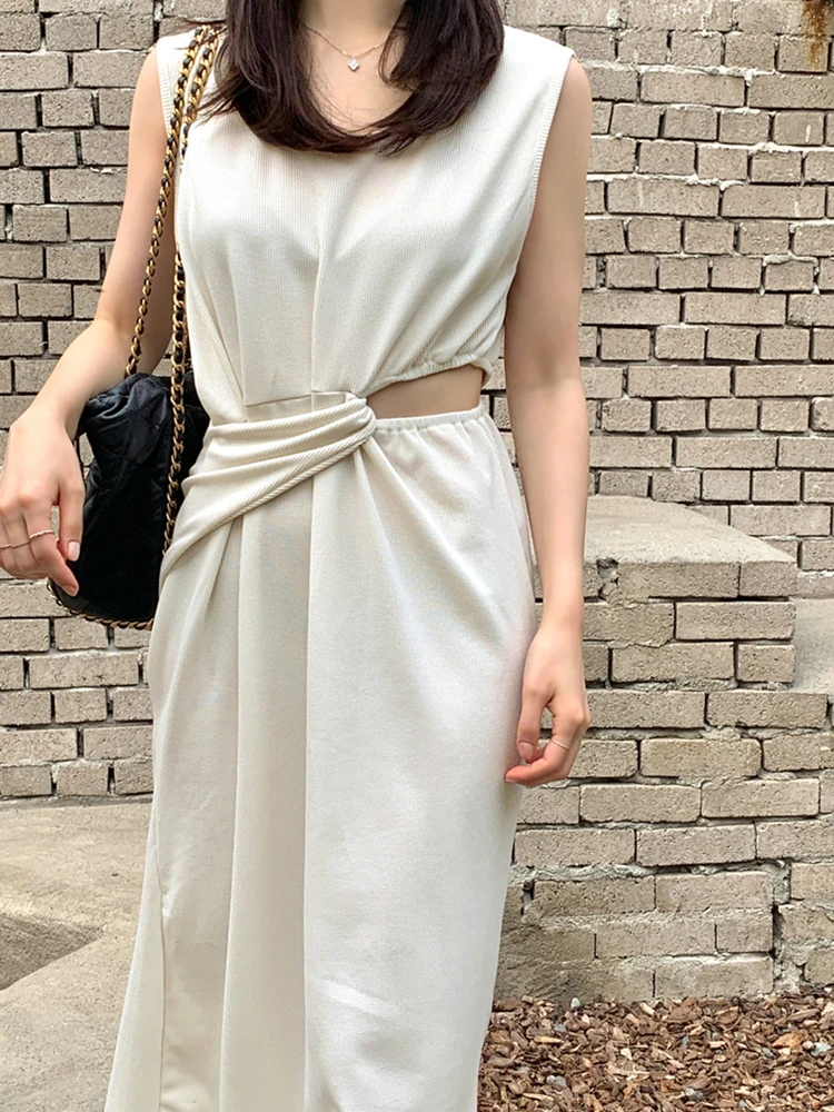 

Женское трикотажное платье-миди без рукавов, Длинное свободное повседневное пляжное платье с круглым вырезом и вырезами в Корейском стиле ...