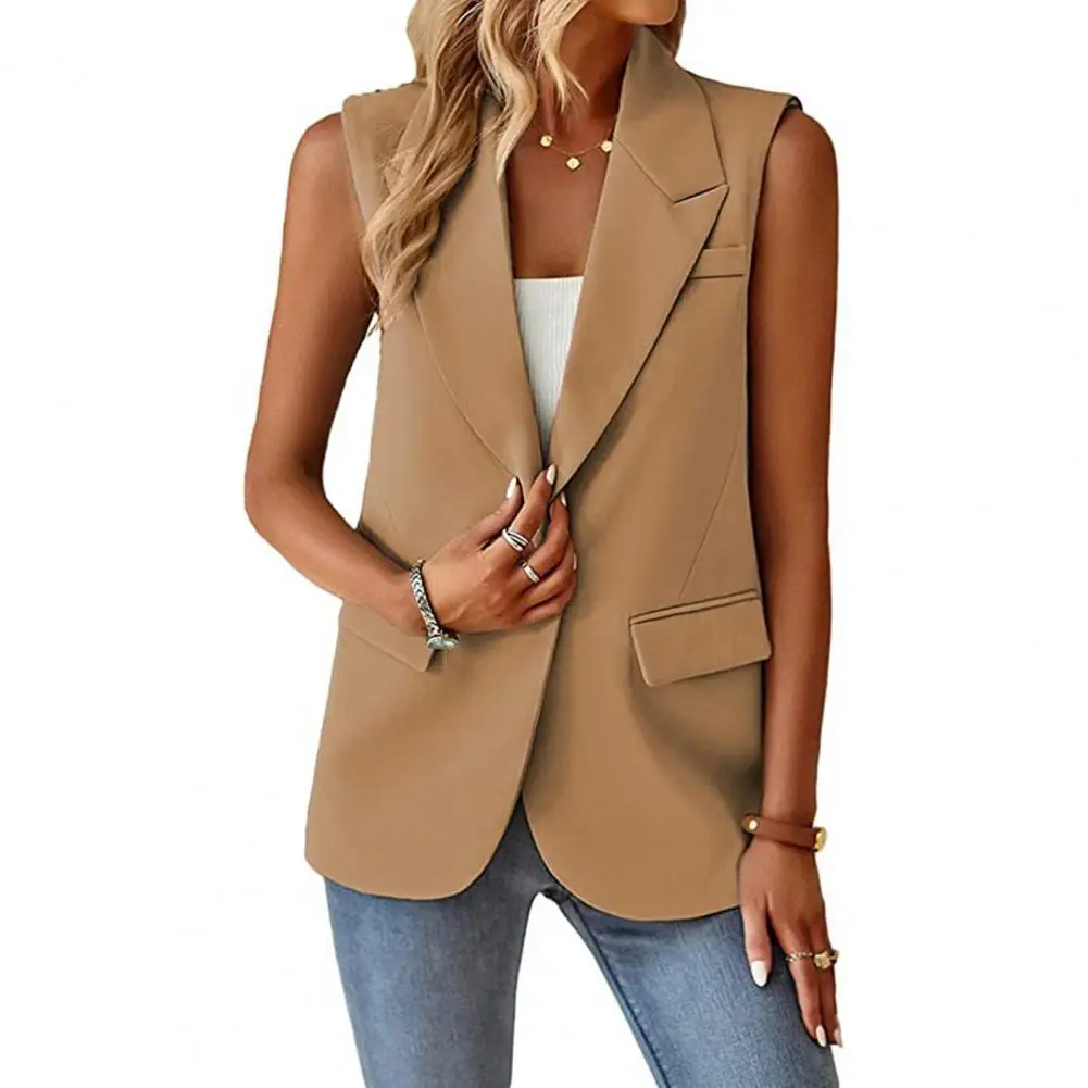 

Loose Fit Women Jacket Stylish Women's Sleeveless Elegant Lapel Single Button Mid-length Suit Coat for Formal Business Commute