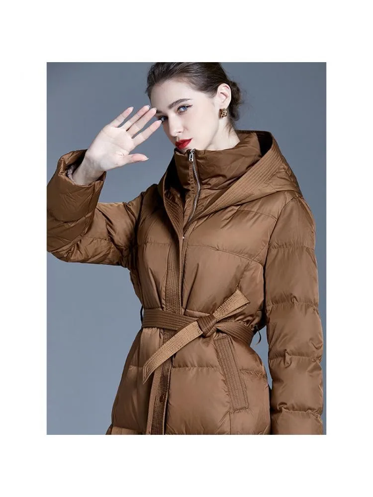 2022 Winter New Style Black X-Long 90 White Duck Down Coats Women's Hooded Lace Up Loose Thicked Padded Warmer Jackets