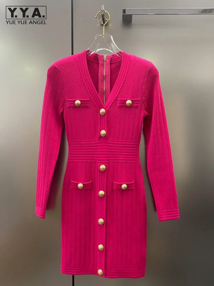 

Женское трикотажное платье-карандаш, элегантное облегающее однобортное платье с длинным рукавом и V-образным вырезом в офисном стиле на осень