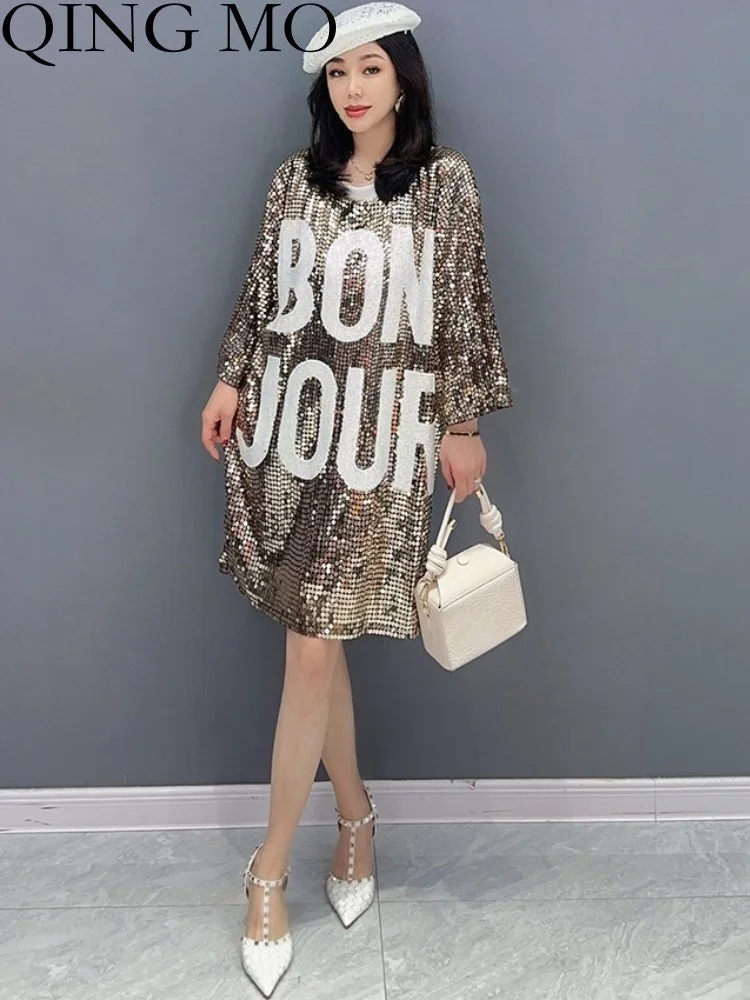 

QING MO 2023 Spring Summer New Fashion Casual Sequin Letter Dress Women Full Sleeve Knee Length Gold Color ZXF2269