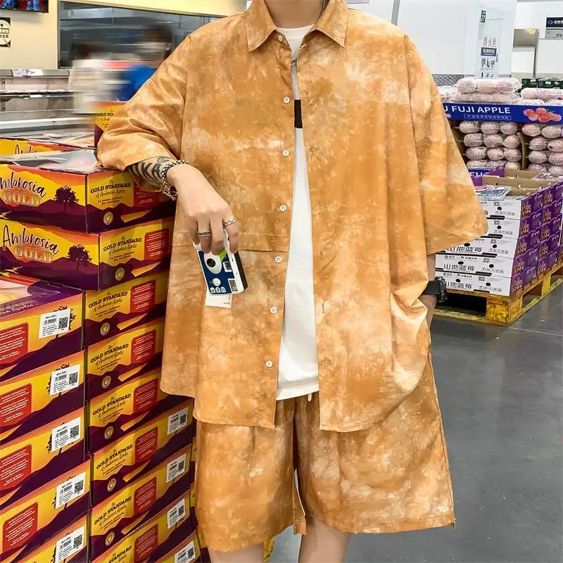 2023 new Summer Men's Oversized Two Piece Set Casual Shirt And Shorts Set Male Loose Fashion Tie Dye Short Sleeve Holiday Suits