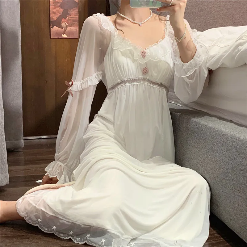 

Retro French Court Style Nightdress Sexy Perspective Long Sleeve Sleepwear Home Dress Women Sweet White Lace Princess Nightgown