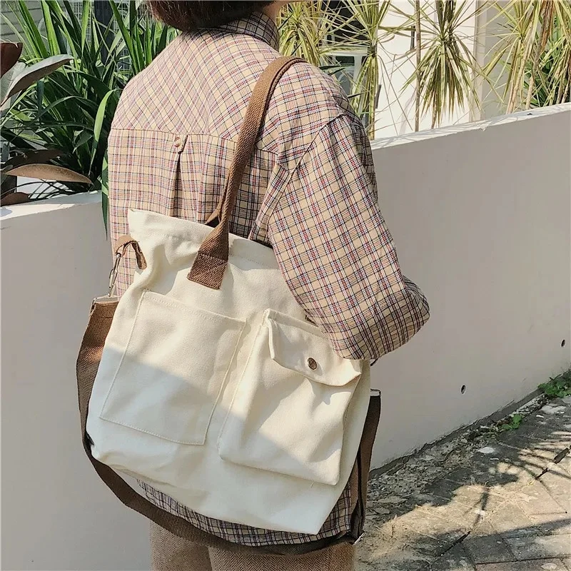 

Women Canvas Shoulder Bag Student Messenger Bag Multi Pocket Tote Crossbody Cotton Cloth Large Capacity Shopping Bag Handbag