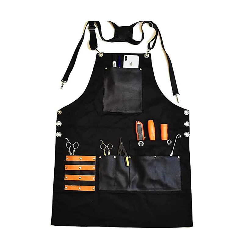 Durable Thick Canvas Apron Barber Painting Work Apron with Tool Pocket PU Leather Unisex Men Women Cross-Back Straps Adjustable
