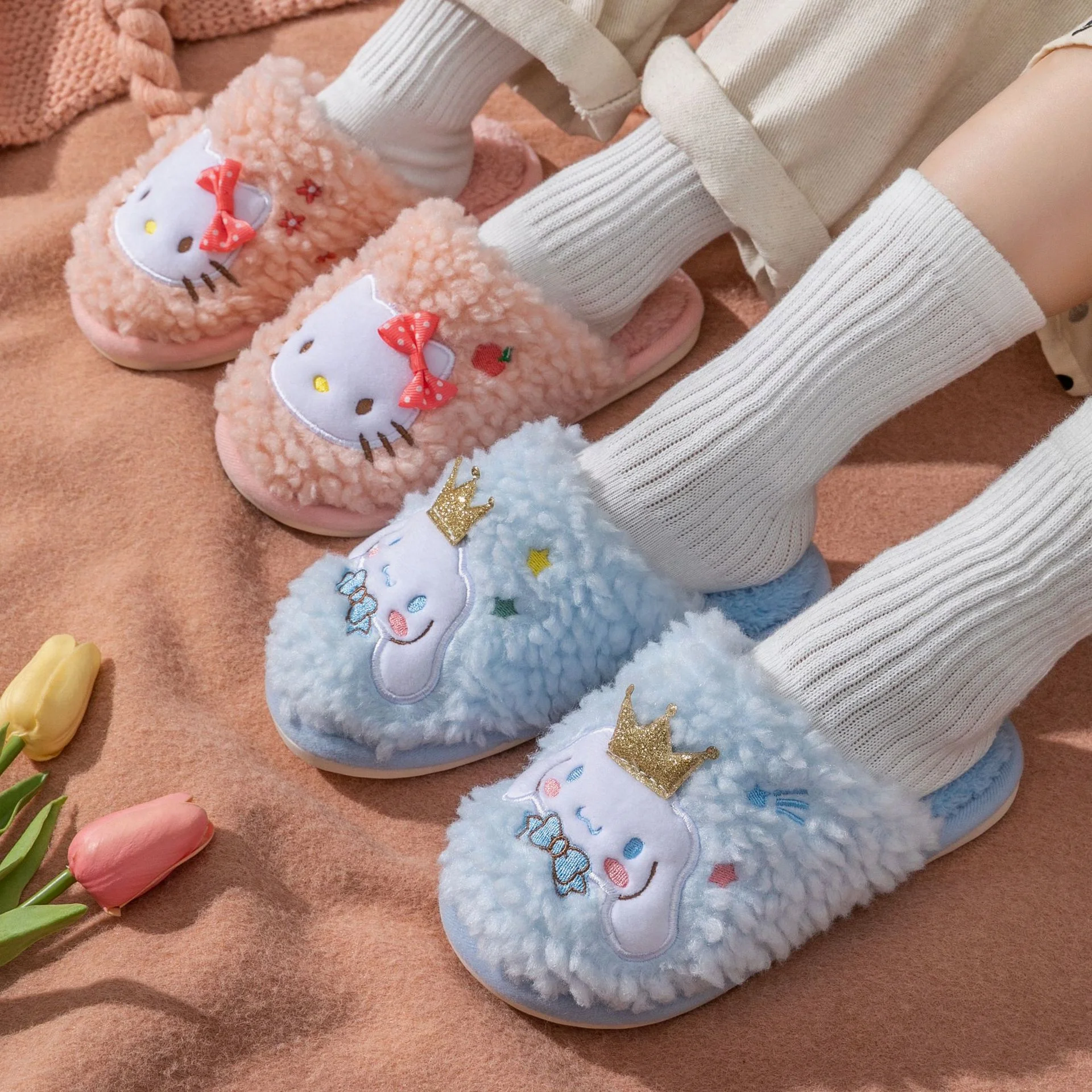 

Симпатичные плюшевые тапочки Sanrio Kitty Cinnamoroll Melody из хлопка, теплые домашние симпатичные зимние мягкие тапочки для девочек, аниме аксессуары