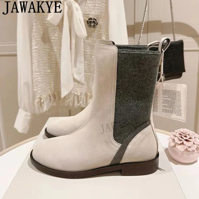 Женские замшевые ботильоны на плоской подошве с круглым носком