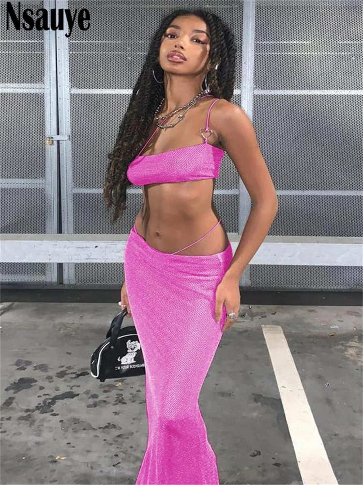 

Nsauye вечерние ское вечернее сексуальное Сетчатое платье из двух предметов пляжные праздничные укороченные топы и юбка с высокой талией Лето...
