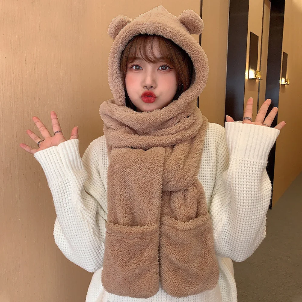 

2022 Cute Bear Ear Hat Scarf Gloves Set Winter Women Beanies Caps Warm Casual Plush Hats Casual Solid Fleece Girl Kawaii Present