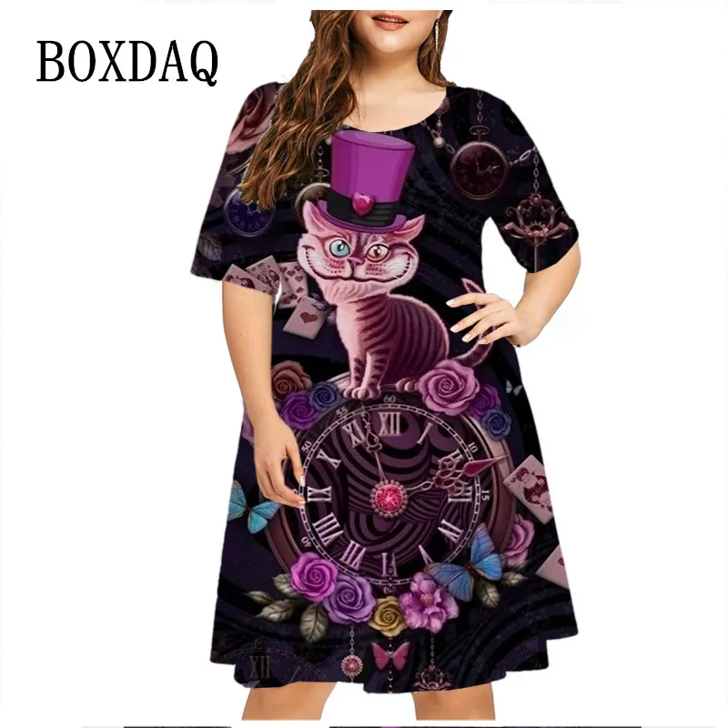 

2023 Summer Vintage Clock Print Dress Women Funny Cat Short Sleeve Loose Dress Casual O-Neck Ladies Plus Size Dress 6XL Clothing