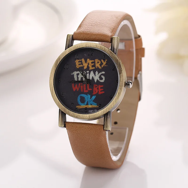 

Everything Will Be OK Women Punk Style Leather Watch 2021 Female Fashion Casual Bronze Dial Wristwatch Relogio Feminino Clock
