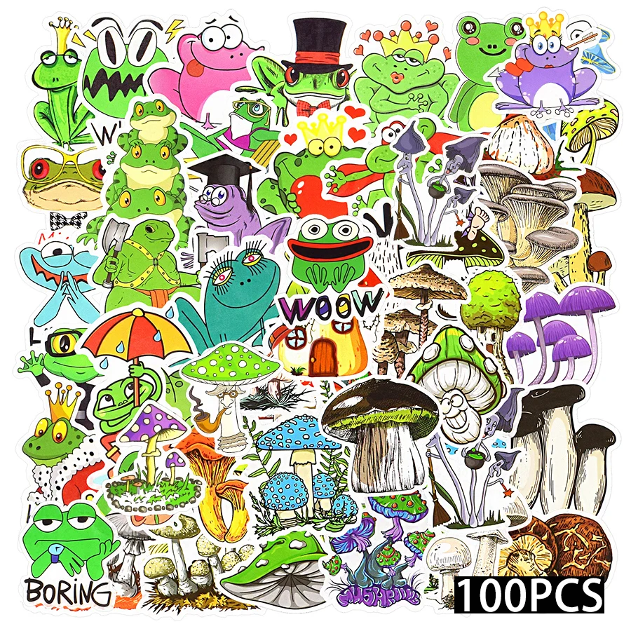 100 PCS Frog Mushroom Stickers for Kids Toys Gift Animal Plant Funny Stickers for Laptop Scrapbook Bike Scrapbook Decor Sticker