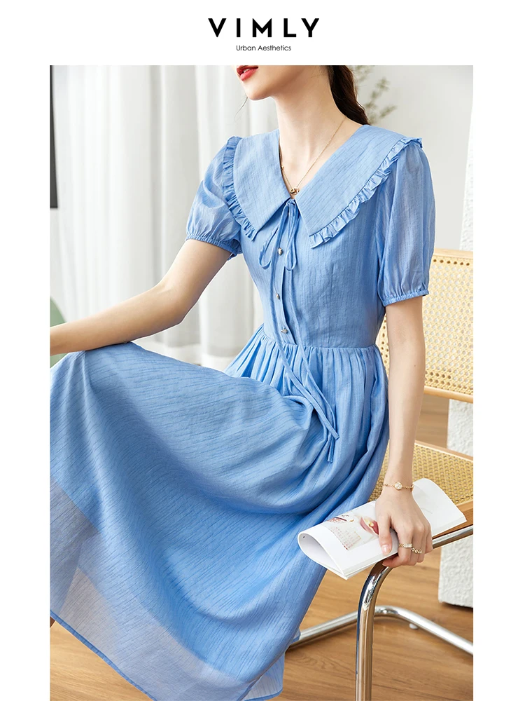

Vimly French Sweet Summer Tea Dresses for Women 2023 Lace-up Peter Pan Collar A Line Short Sleeve Slim Pleated Swing Midi Dress