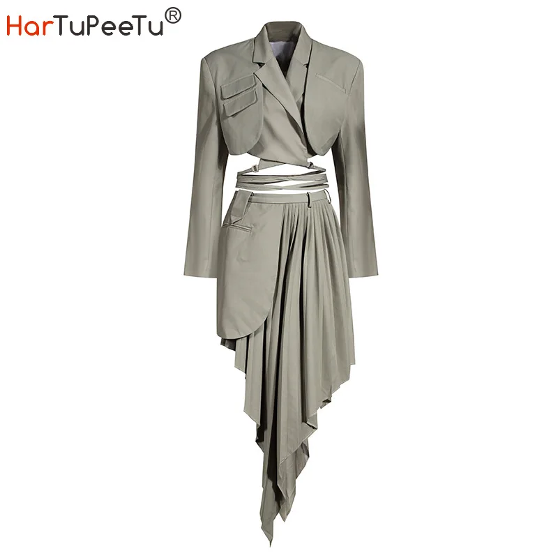 2022 Autumn Women Blazer Two Piece Suit Bandage Short Style Top and Irregular Pleated Mini Skirt Fit Fire Business Set