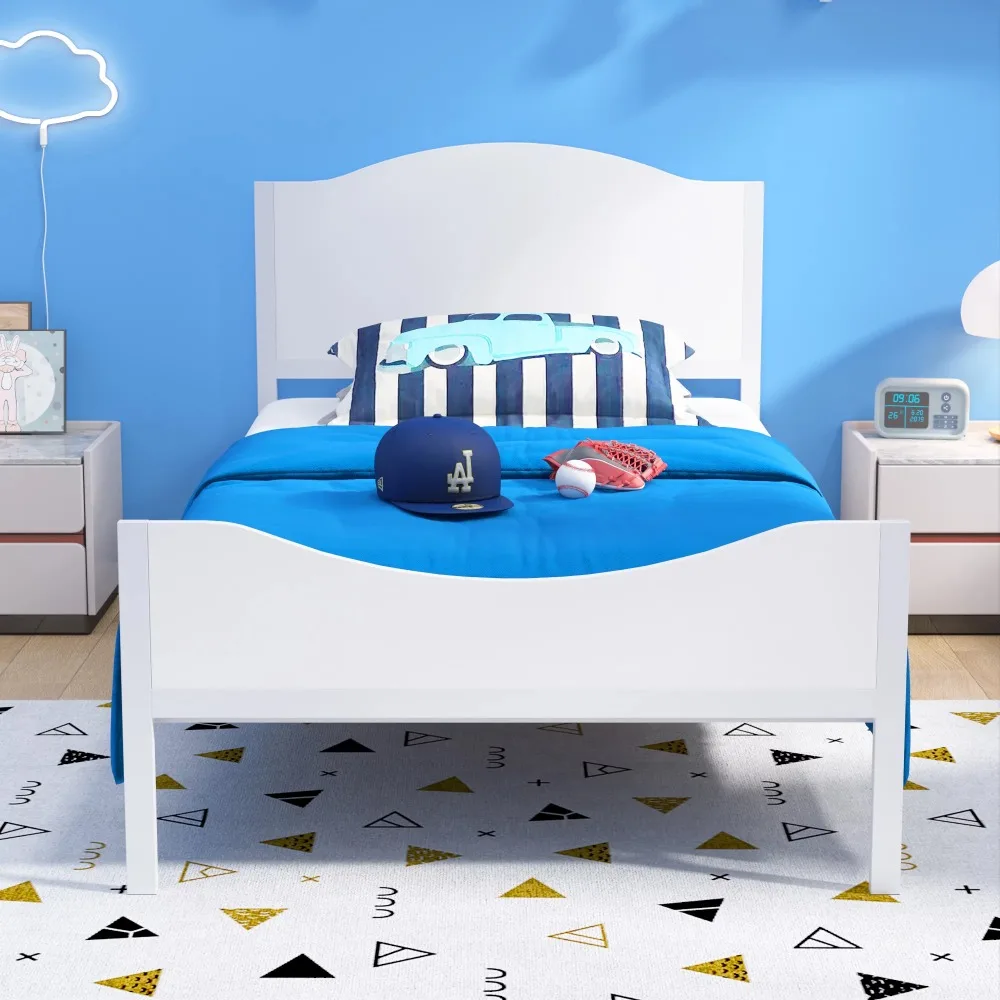 

Yoneston Twin Size Kids Metal Platform Bed Frame Wood Headboard, Modern Single Bed Frames Children, Teens & Adults, White