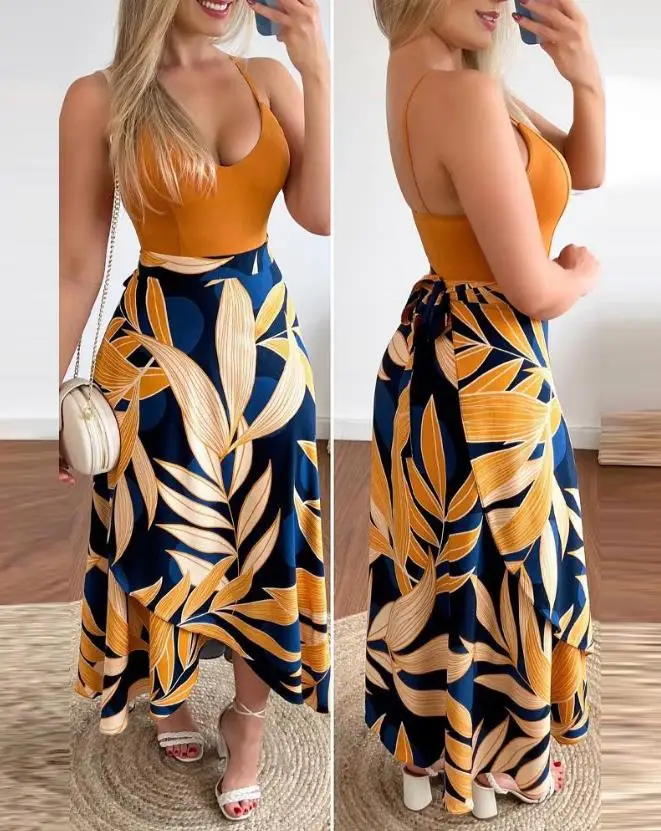 

Tow Piece Set for Women Outfit 2023 Summer Casual Vacation Fashion New V-Neck Cami Top & Tropical Print Lady Maxi Skirt Set
