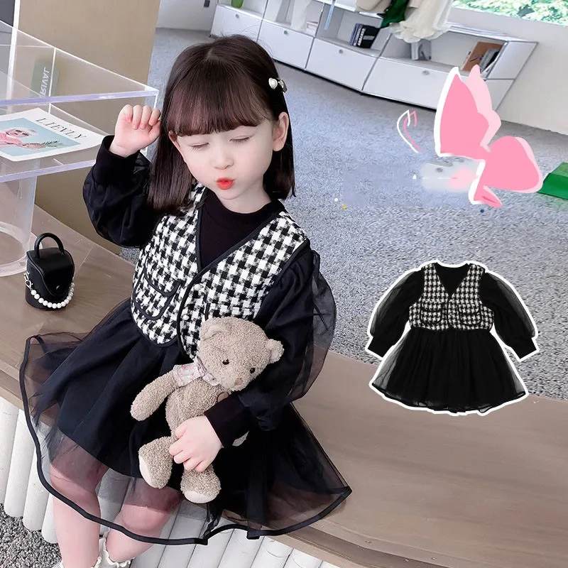 

Коллекция 2023 года, модный элегантный шифоновый жилет для маленьких девочек Сетчатое платье с пышными рукавами милый комплект из 2 предметов...