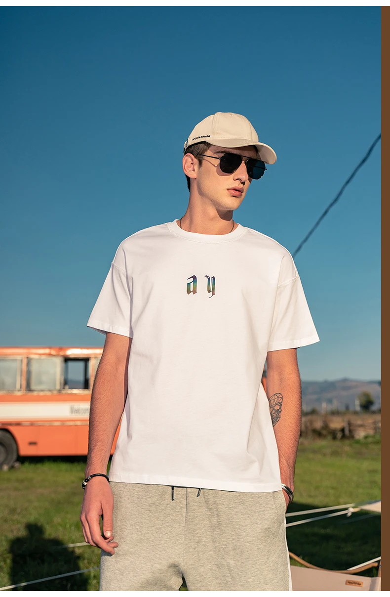 

Y1359 new Youth reflective letters printed loose cotton short-sleeved T-shirt