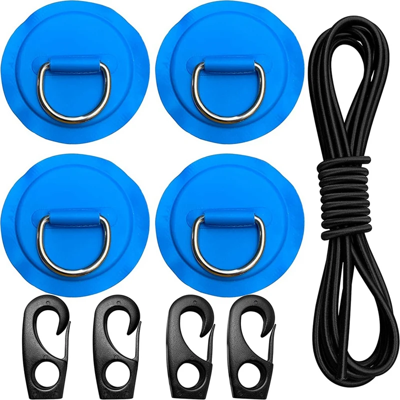

Pad Eye Cord Kit,D-Ring Patch+Bungee Shock Cord+Hooks-Deck Lashing Ring With Plate For Boat Kayak Accessories