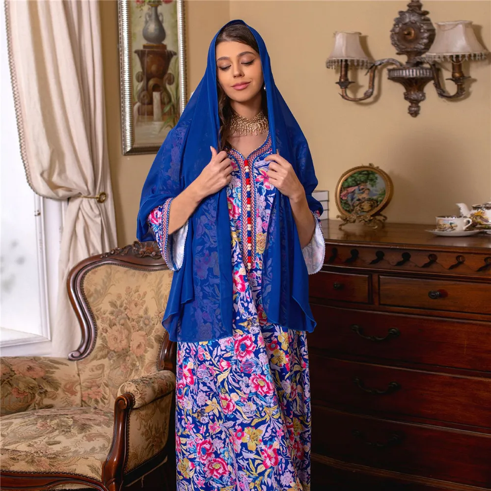 

Eid Ramadan Floral Print Dress Women Muslim Hijab Abaya Dubai Turkey Kaftan Islamic Jalabiya Djellaba Caftan Moroccan Gown Robe