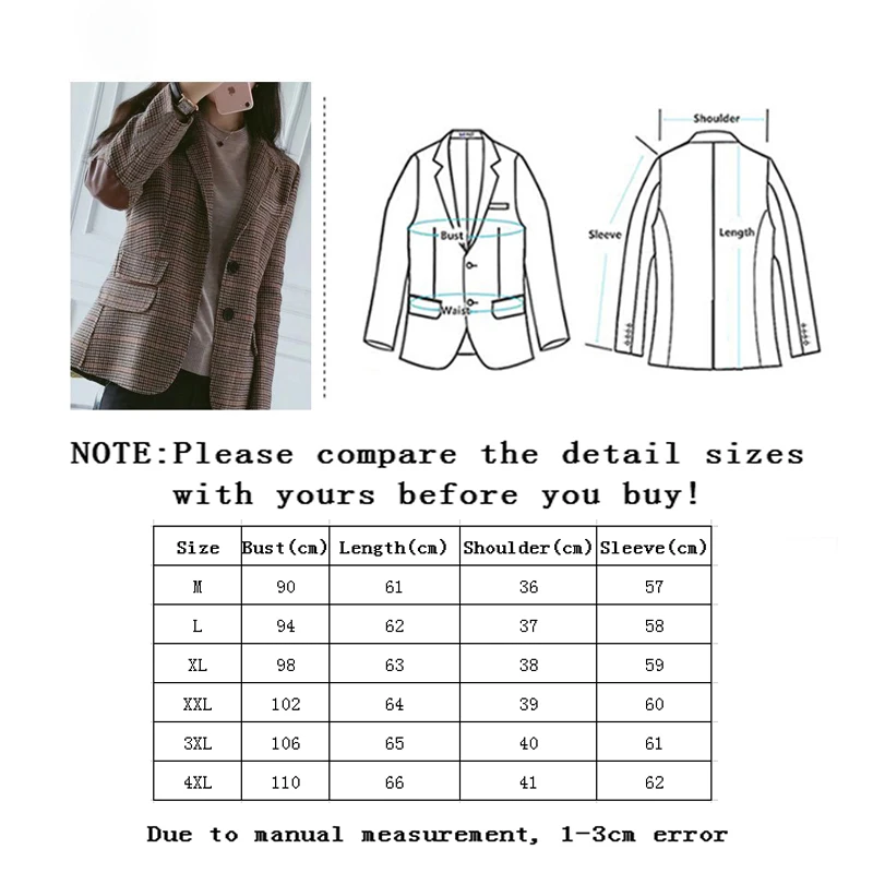 2022 New Slim Fit Women Retro Plaid Blazer Korean Style Elegant Womens Woolen Suit Jacket Single-breasted Blazer Femenino Street