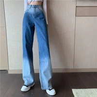street style gradient wide leg jeans for women high waist womens pants blue straight jeans loose