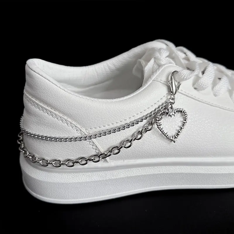 2PCS Stainless Steel Chains Double Layer Heart Charms Shoe Buckles Punk Creative Curb Link Chain Shoes Jewelry Accessories Gifts