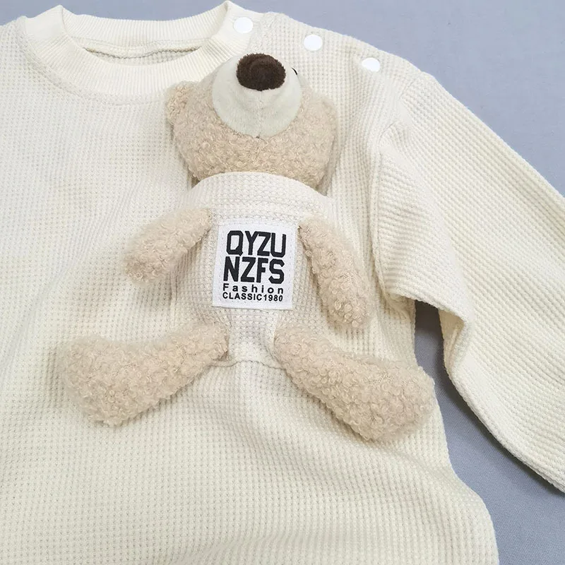 2022 New Autumn Baby Casual Romper Long Sleeve Toddler Boy Bear Jumpsuit Cute Infant Girl Cotton Waffle Clothes 0-24M
