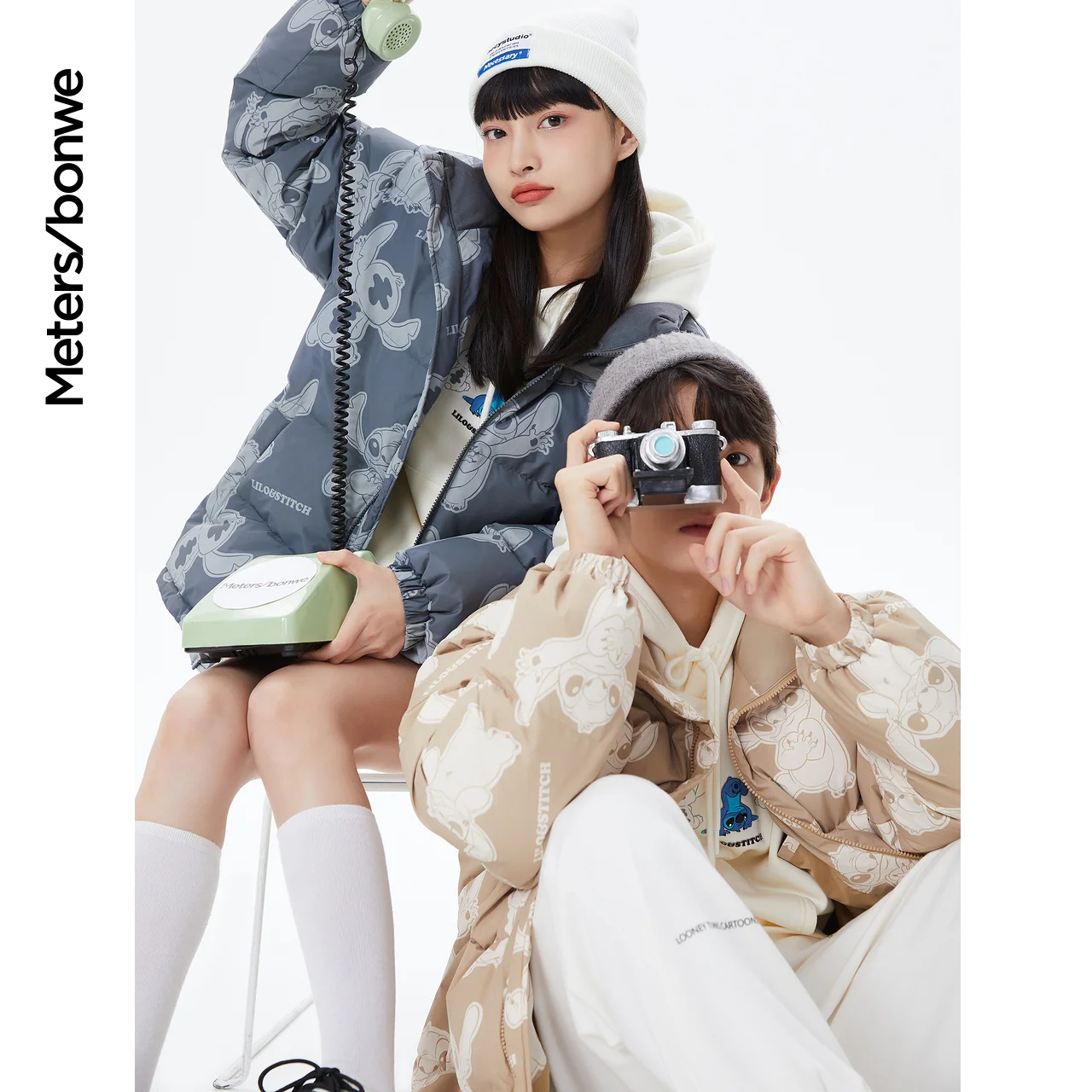 Metersbonwe Full Print Stand Collar Down Jackets Men Women 80%Duck Down Thick Warm Wear Young Student Loose Winter Down Coat