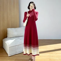 womens new autumn style high end temperament half high collar long sleeve medium long splicing fashion sweater knitted dress