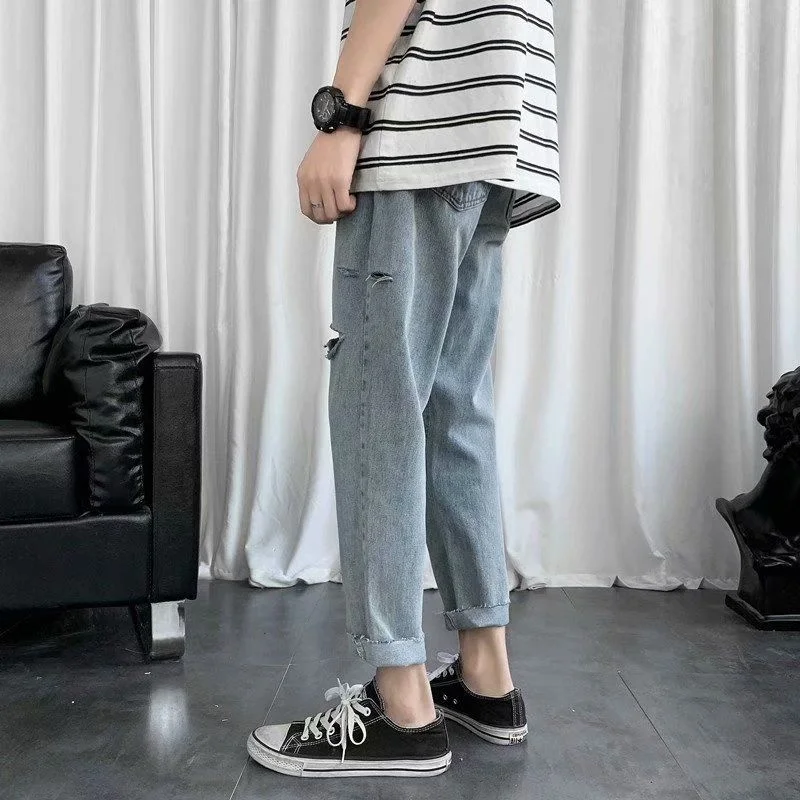 Summer Blue Ripped Jeans Men's Fashion Casual Straight Jeans Men Streetwear Loose Hip Hop Hole Denim Pants Mens Trousers S-3XL
