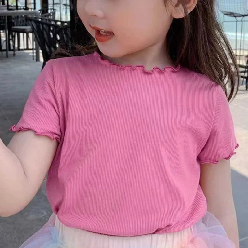 Girl Short Sleeved T-Shirt 2023 Summer Kids Top Tees Baby Solid Color Shirts 1 To 8 Yrs Children's Clothing Korean Style
