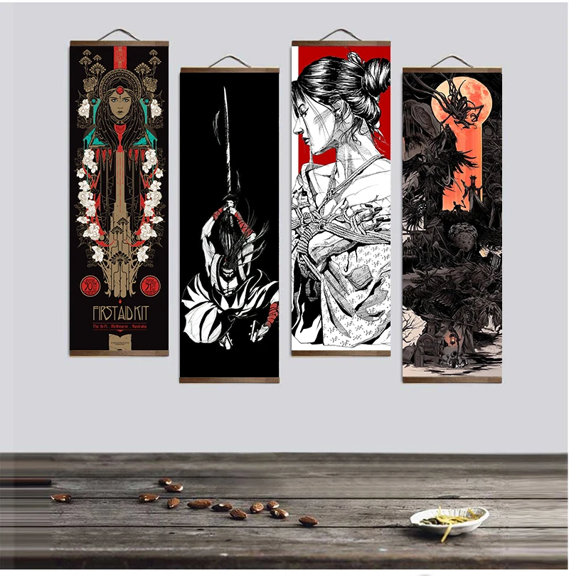 

Wall Art Nordic Style Japan Geisha Girl Sword Modern Painting Solid Wood Hanging Scroll Canvas Printed Picture Poster Home Decor