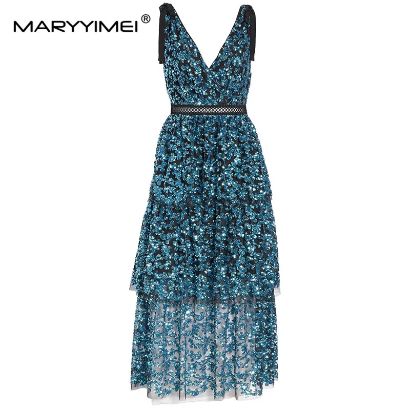 

MARYYIMEI Fashion Designer new arrive Deep V Sequined Women's dress Party Cascading Ruffle Dress Backless Sexy Midi Dresses