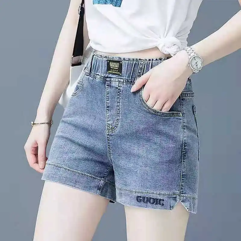 High Waist Plus Size Denim Shorts Women New Thin Booty Shorts Elastic Elastic Embroidery Slimming Wide Leg Shorts Women Clothing