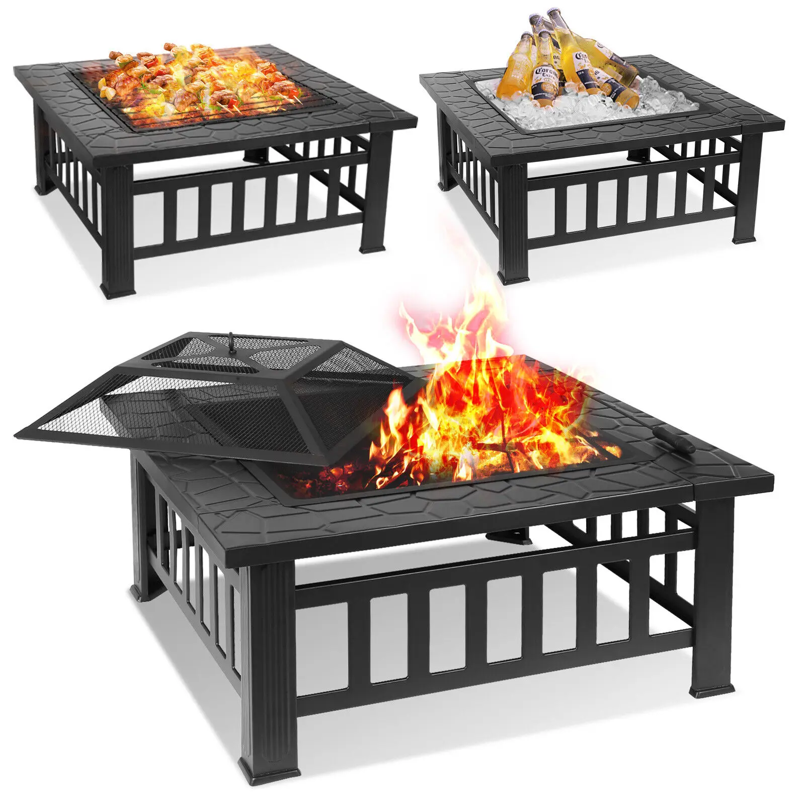 

32" Wood Burning Fire Pit Backyard Patio Garden Square Stove Fire Pit W/ Cover