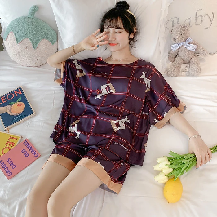 Womens Silk Satin Pajamas Pyjamas Set short Sleeve Sleepwear Pijama Pajamas Suit Female Sleep Two Piece Set Loungewear