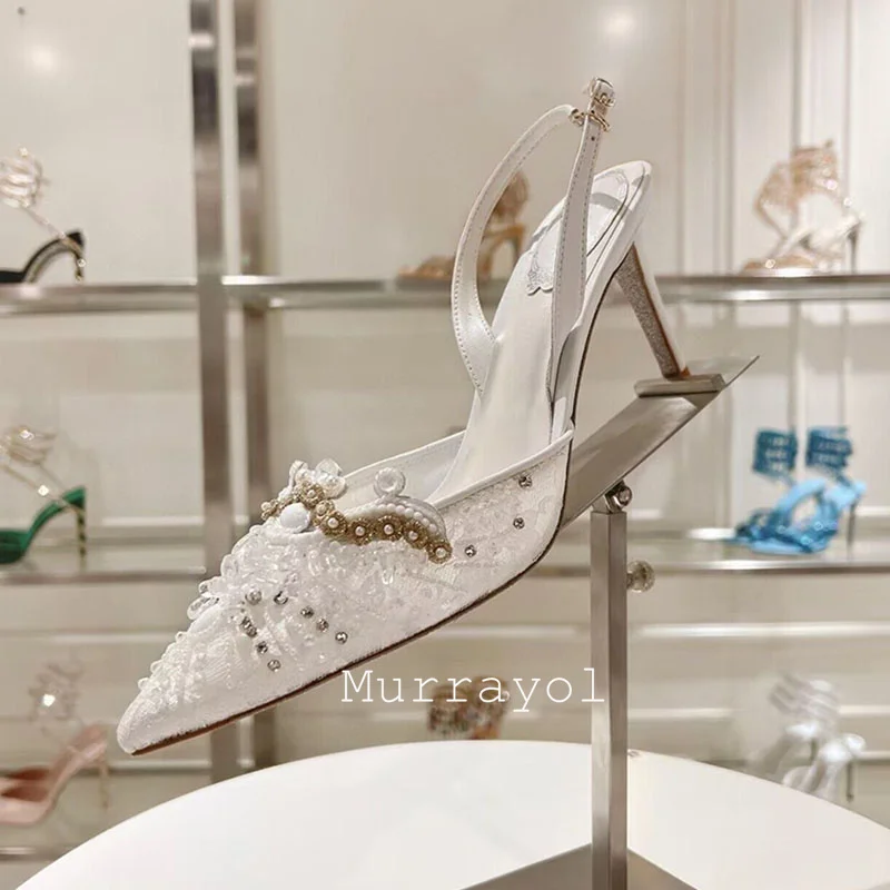 Новые кружевные марлевые босоножки с острым носком на тонком каблуке женские