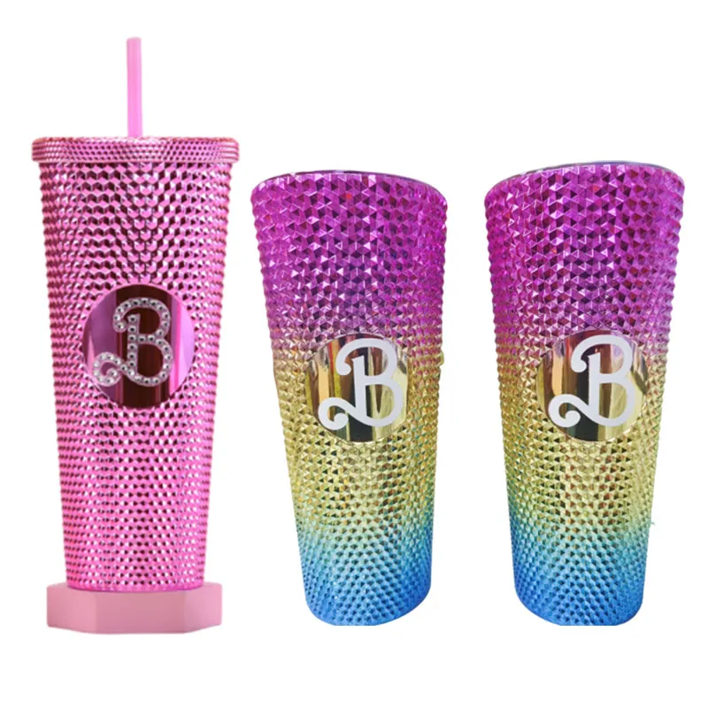 

Kawaii Barbie Straw Cup Rainbow Sippy Cup High-Capacity Water Cup New Creative Plastic Durian Cup Diamond Cup Girls Water Bottle