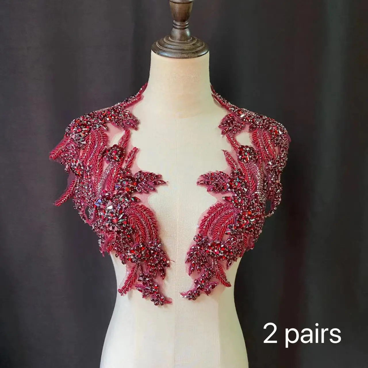 Gorgeous Wine Red Crystal Applique Floral Rhinestone Tippet Patch for Bridal Headpiece,Sash,Evening Dress Sewing Decoration