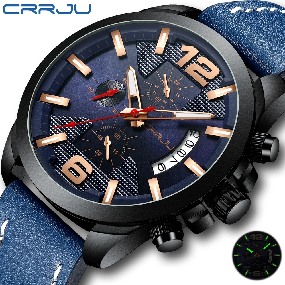 

CRRJU Бизнес Мода хронограф кварцевые часы мужские военные водонепроницаемые кожаные спортивные часы для мужчин отображение даты Мужские часы