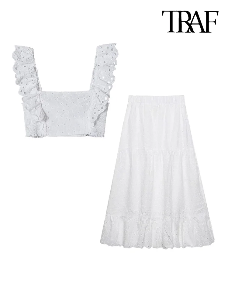 

TRAF Women Fashion Cutwork Embroidery Ruffled Crop Tank Tops And High Elastic Waist Midi Skirt Female Two Piece Sets Mujer
