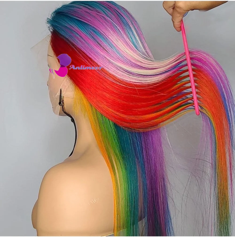 

Радужные парики Омбре красочные человеческие волосы 13x4 кружевной фронтальный парик для женщин шелковые прямые Выделенные человеческие во...