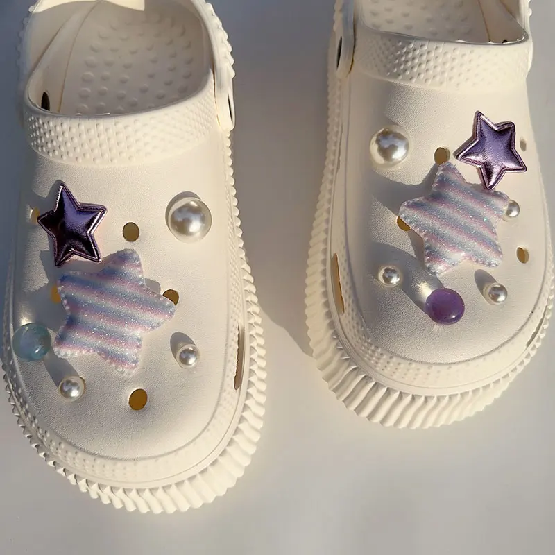 Romantic Pearls Stripe Stars Shoes Charms Vintage Purple Starry Sky Shoe Clogs Accessories Cute Adornment Y2K Jewelry Wholesale