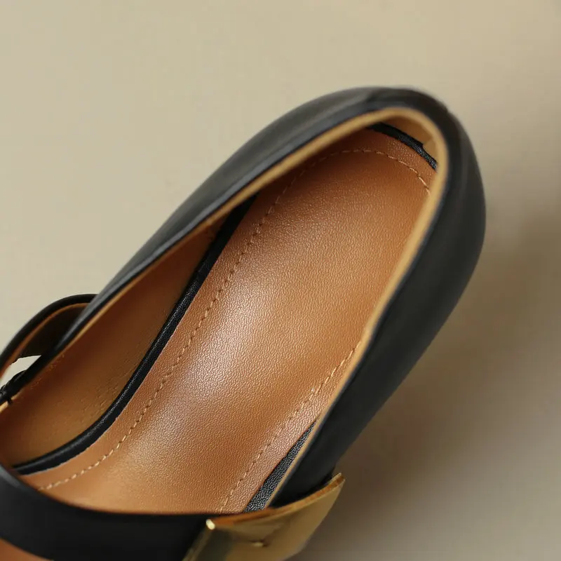 Cow Leather Pumps Women Comfy Soft Shoes Office Lady Spring Autumn Solid Pointed Toe Square Buckle 6cm Thin Kitten Heels